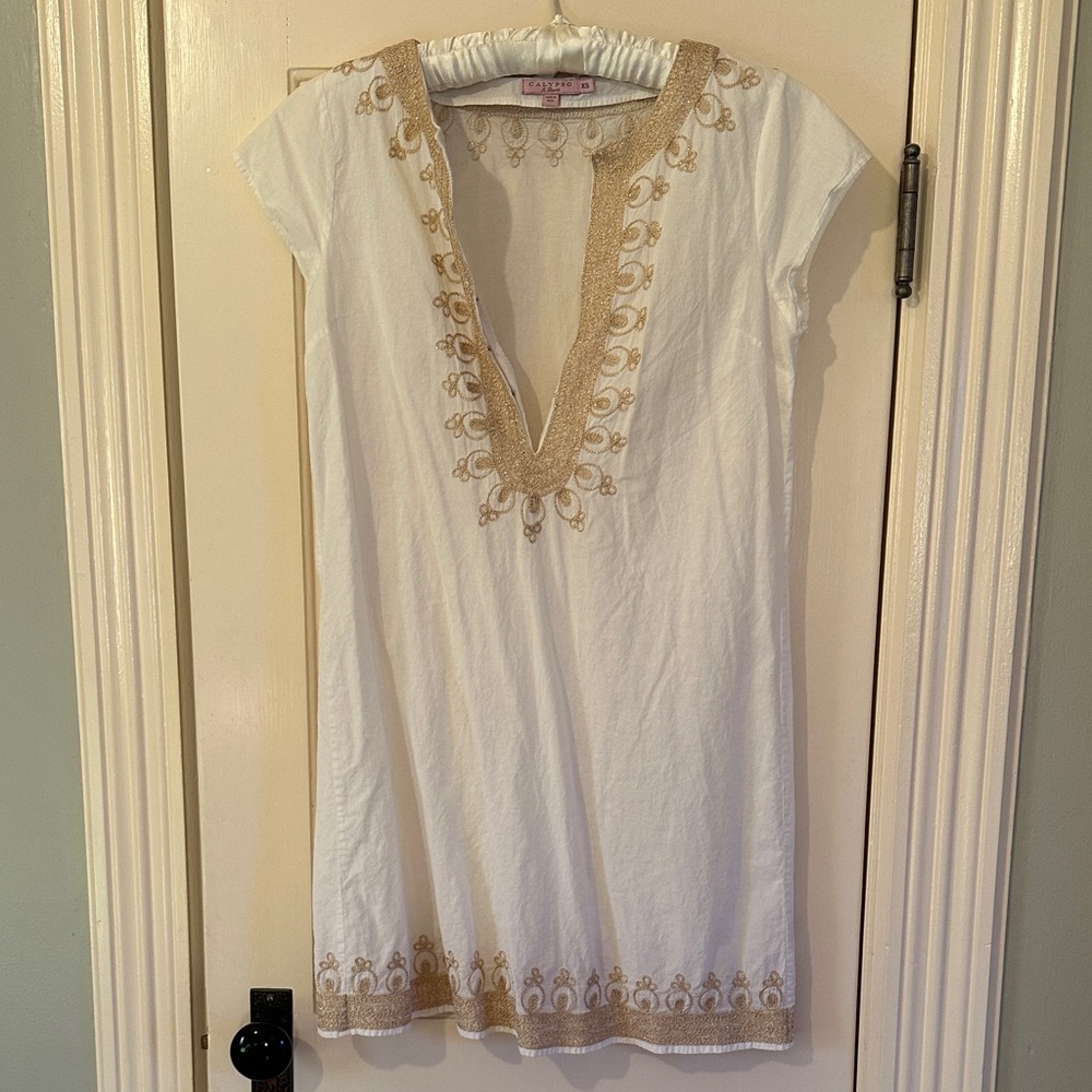 Calypso St. Barth White Tunic with Gold Embroidery
